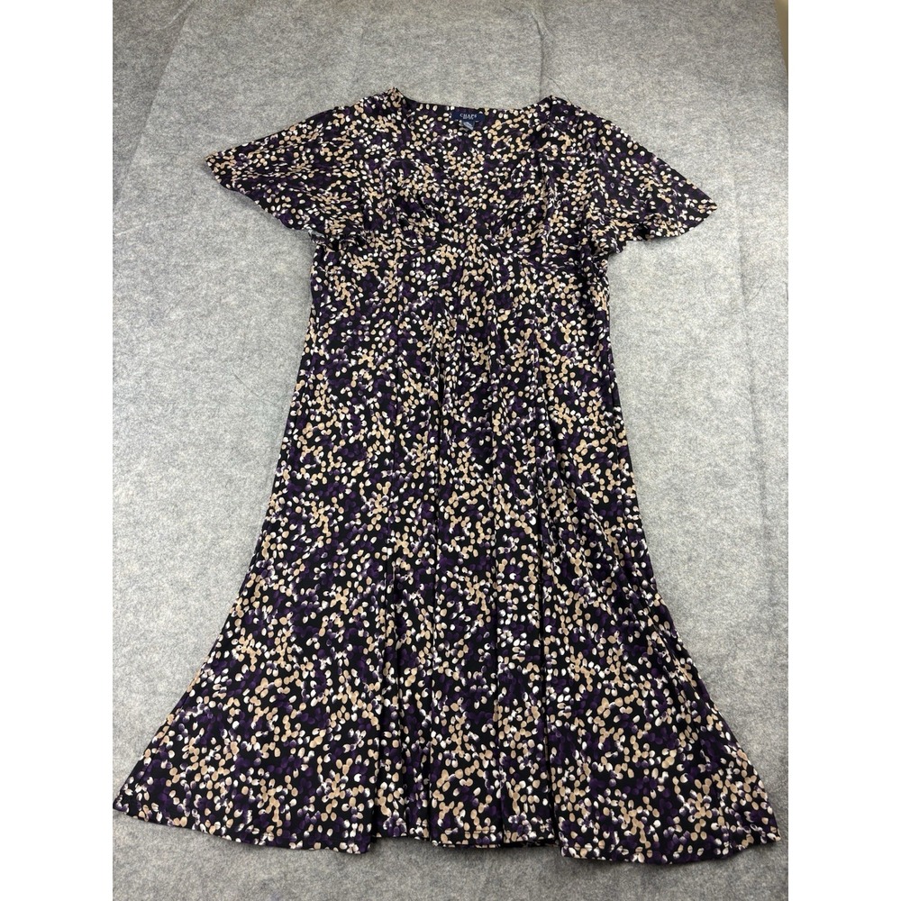 Chaps Women's XL Flutter Sleeve V Neck Fit & Flare Dress Black Purple Jersey EUC